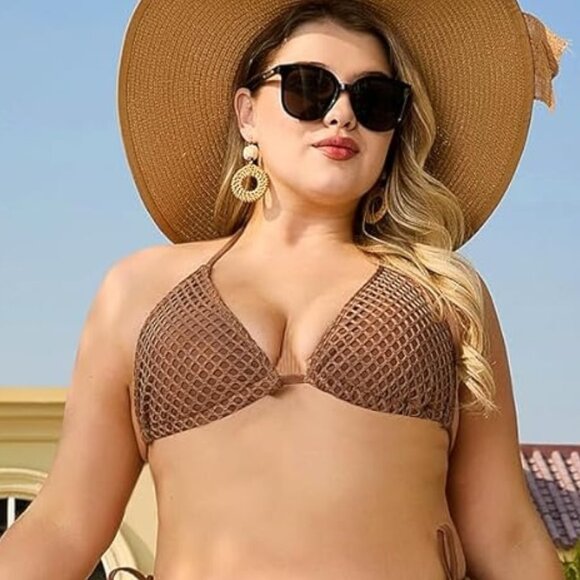 MakeMeChic Women's Plus Halter Bikini Top Brown Size 1XL - Picture 2 of 4